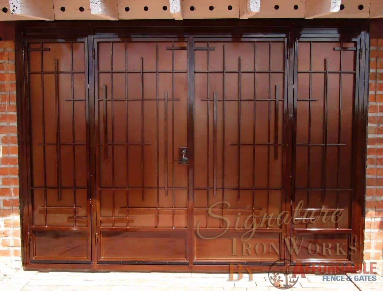 Double door porch security enclosure with geometric motifs 8000 E - Made in Tucson
