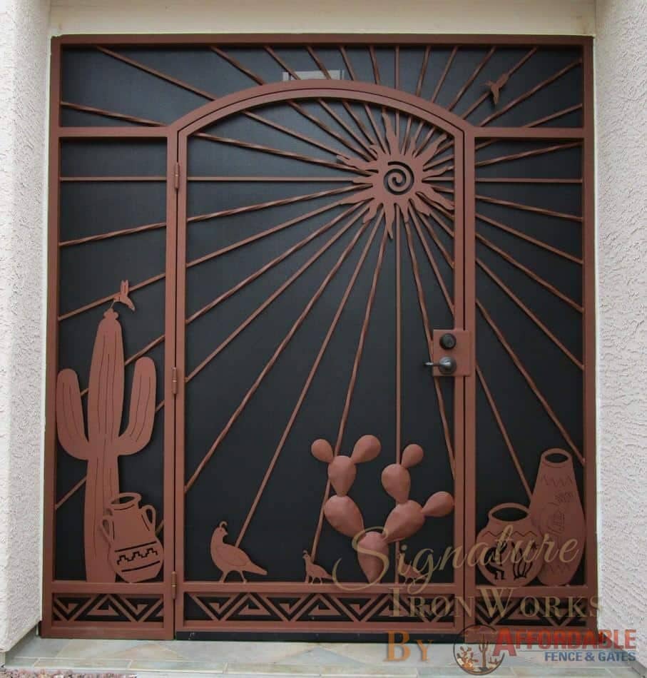 Security door and enclosure with multiple ornaments: Saguaro, Native American pottery, quails, cactus, sun and sunrays 6019 E - Made in Tucson