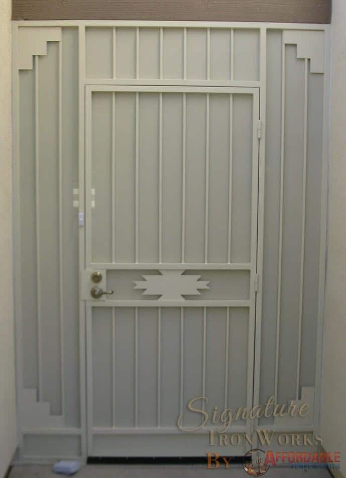 Security door with southwestern geometric motif - Painted white - 6015 E - Made in Tucson