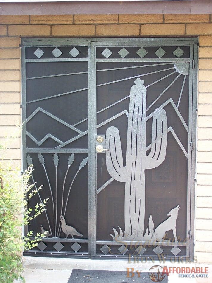 Security door with southwestern theme: quails, coyote, saguaro, mountains and sun 6011 E - Made in Tucson